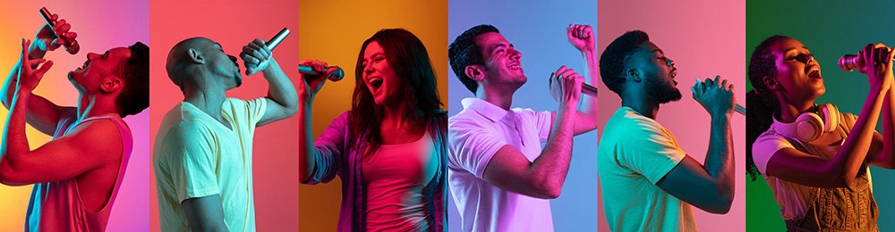 Different people sing into a microphone