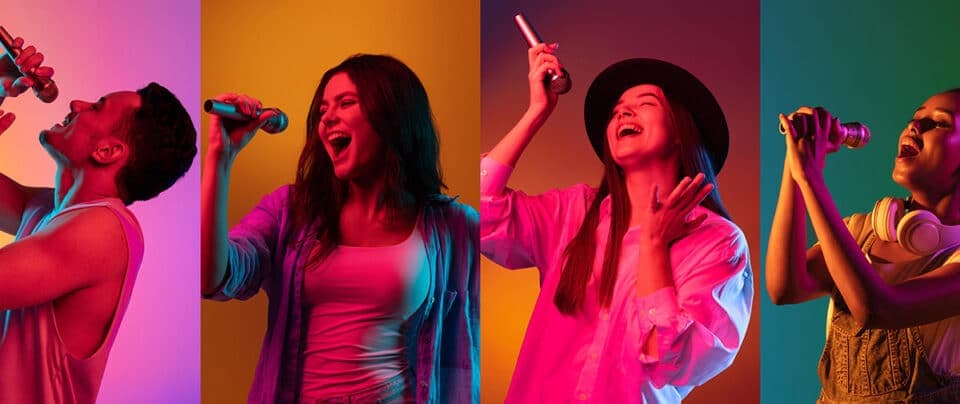 Collage von Bildern singender Menschen als Beispiel für den Karaokeabend der Gesangs-App